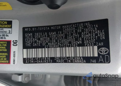 2015 Toyota Corolla Le z USA, uszkodzony, nr VIN 2T1BURHE7FC273162